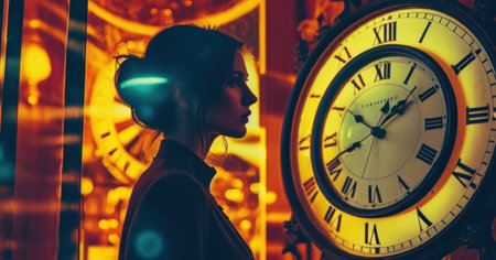 Portrait of young beautiful woman in fashion clothes with clock in the backgroundの素材
