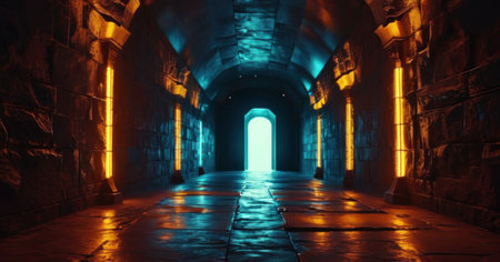 3d rendering of a dark corridor with glowing lights in the darknessの素材