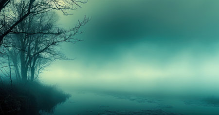 Panoramic view of a foggy lake with trees in the foregroundの素材