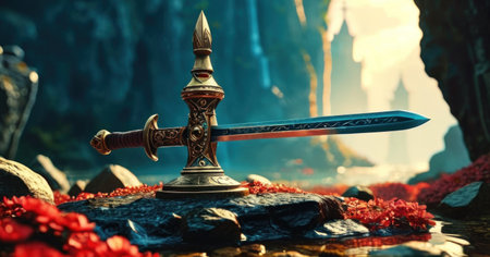 Fantasy scene with fantasy sword and red flowers on the stone.の素材