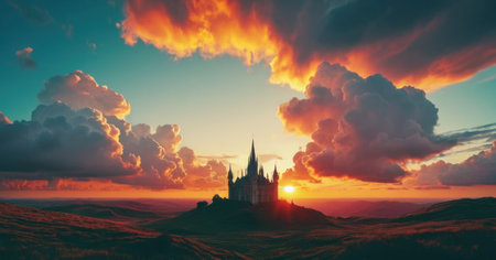 Fantasy landscape with medieval castle and sunset. 3D illustration.の素材