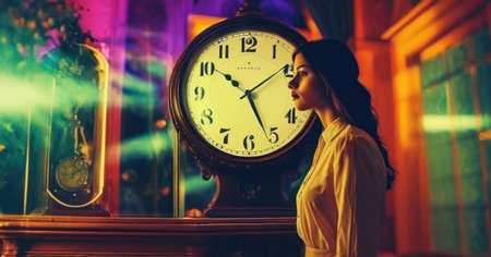 Beautiful young woman in evening dress and hat posing with vintage clock.の素材