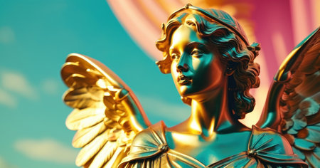 golden statue of a woman with wings on a background of blue skyの素材