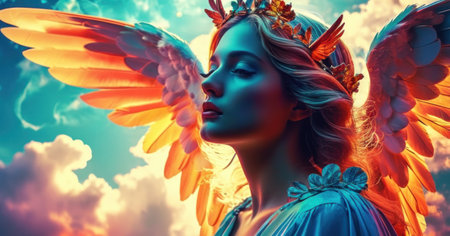 Beautiful young woman with angel wings on the sky background. 3d rendering.の素材