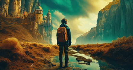 Hiker on the cliff above the river. Fantasy landscape. Fantasy world.の素材