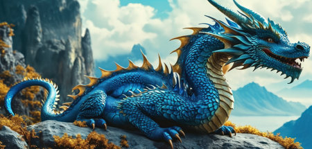 dragon on the rock. 3d illustration. Elements of this image furnished by NASAの素材