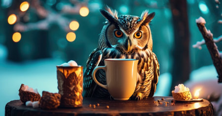 Cute owl with cup of coffee on the background of Christmas lightsの素材