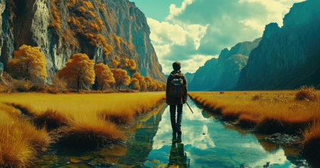 A man with a backpack on the background of the autumn landscape.の素材