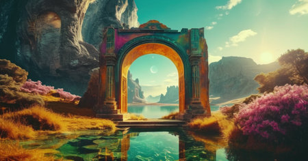 Fantasy Landscape with Arch at Sunset. 3D Renderingの素材