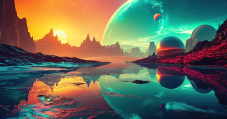 Alien Planet - 3D Rendered Computer Artwork. Rocks and waterの素材