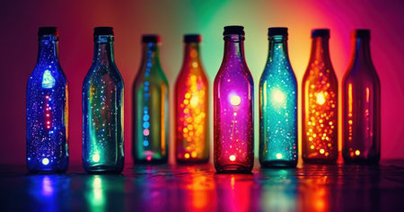 Colorful glass bottles on colorful background with bokeh lights.の素材
