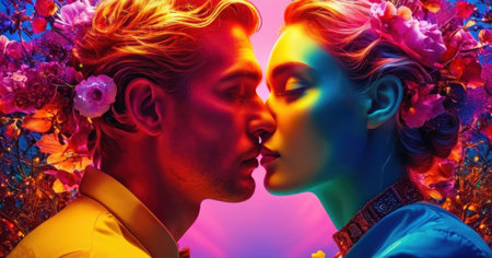 Close-up portrait of a couple in love. Man and woman kissing.の素材