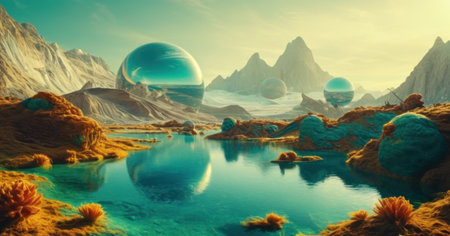 Fantasy alien planet. Mountain and lake. 3D illustration.の素材