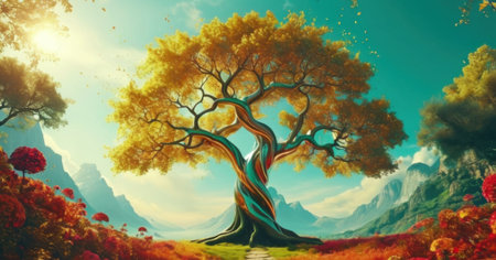 Fantasy landscape with a fantasy tree. 3d render illustration.の素材