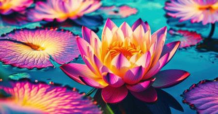 Beautiful water lily or lotus flower blooming on pondの素材