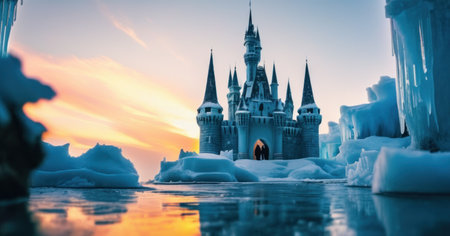 Winter wonderland scene with frozen fairytale castle and ice floesの素材