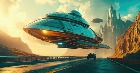 Futuristic flying saucer on the road. 3d renderingの素材