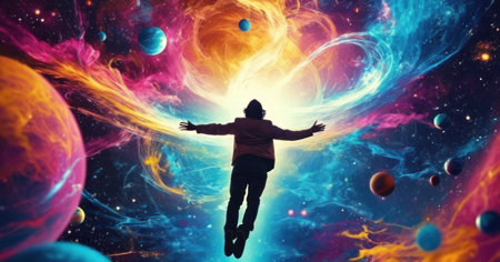 Man jumping in space with planets and stars in background. Mixed mediaの素材