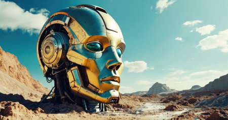3D CG rendering of robot in the desert. 3D CG rendering.の素材