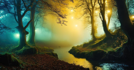 Foggy night in the forest. Fairytale landscape with river and treesの素材