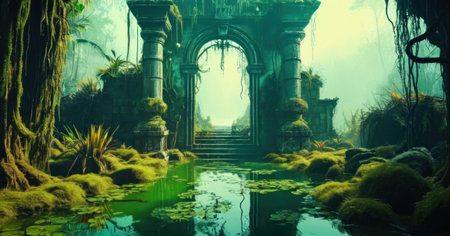 3D rendering of a fantasy landscape with a pond and a bridgeの素材