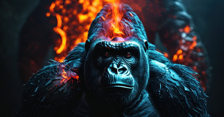 Portrait of a gorilla in front of a burning wall with flamesの素材