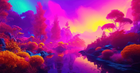 Fantasy landscape with trees and river. 3d rendering. Computer digital drawing.の素材