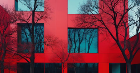 Modern office building exterior with red and blue glass facade. 3d renderingの素材