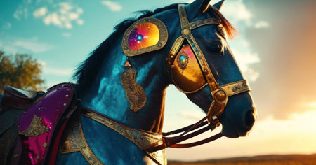 Close-up of a beautiful horse in the field at sunset.の素材