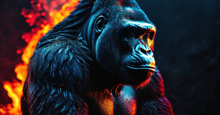 Portrait of a gorilla in front of a fire background. Low key.の素材
