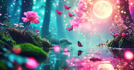 Fantasy landscape with magic forest, flowers and butterflies. 3d renderingの素材