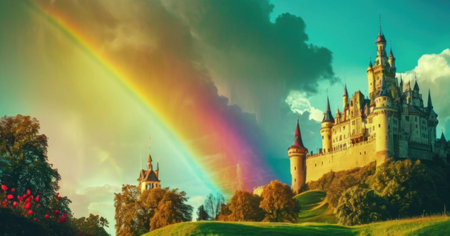 Panoramic view of the castle and rainbow in the sky.の素材