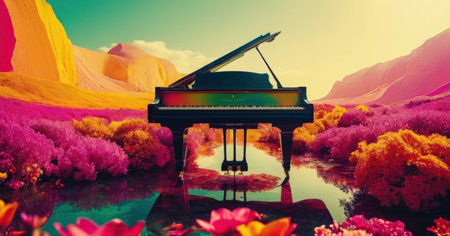 Grand piano with flowers in the meadow. 3d rendering.の素材