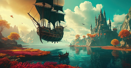 Fantasy landscape with old ship and fantasy landscape. 3d renderingの素材