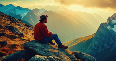 Hiker sitting on the edge of a cliff and enjoying the view of the mountainsの素材
