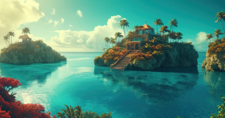 Tropical island with palm trees at sunset, 3d renderの素材