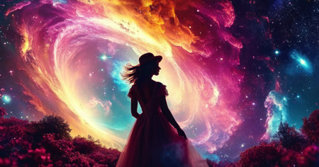 3d illustration of a beautiful woman in a long dress and hat against the backdrop of the planet.の素材