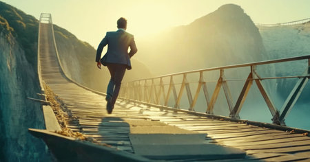 Man running on a boardwalk in the mountains at sunset. Concept of a healthy lifestyle.の素材