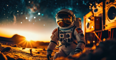 Astronaut sitting on the moon surface. Mixed media. Mixed mediaの素材