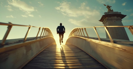 Man running on the bridge over the sea in the rays of the setting sunの素材