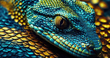 Close up of the head of a blue snake in the nature.の素材