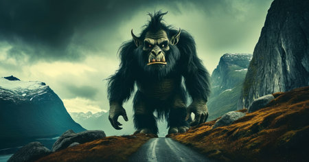 Fantasy scene with a big gorilla on the road. 3d illustrationの素材