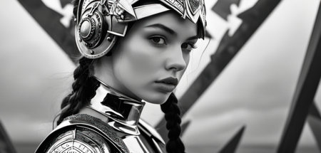 3D Illustration. Portrait of a beautiful steampunk woman in a helmet.の素材