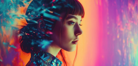 Portrait of a beautiful girl with long hair in a bright neon light.の素材