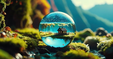Crystal ball with a house in the middle of the forest. 3d renderingの素材