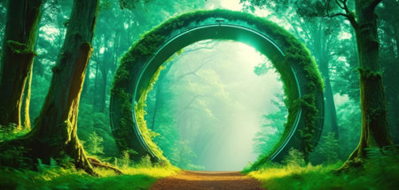 Fantasy landscape with a tunnel in the shape of a road through the forestの素材