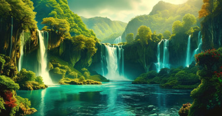 Waterfall in the forest at sunset. Panoramic view.の素材