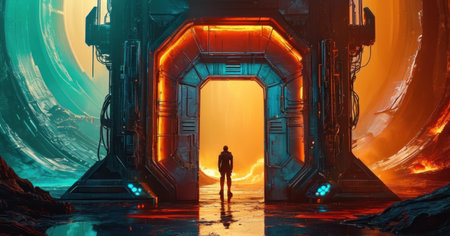 3D illustration of a man standing in front of the entrance to an alien planetの素材