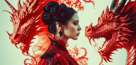 Beautiful asian woman with red dragon. Beauty and fashion.の素材