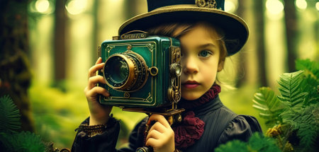 Cute little girl with vintage camera in the forest. Fairy tale.の素材
